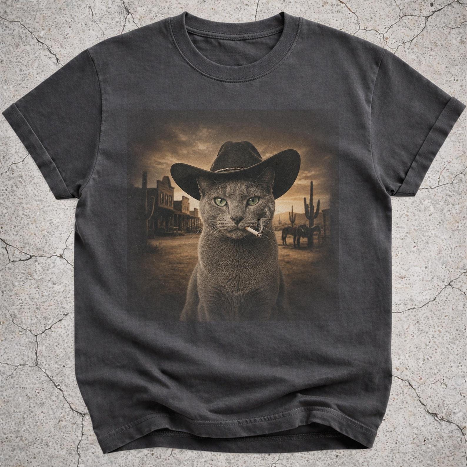 Russian Blue Cowboy Shirt, Western Cat Meme Tee, Funny Cowboy Cat Gift, Cat Lover Shirt, Gray Cat Tee 4XL