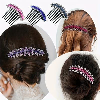 1pc Elegante Pentes de Cabelo de Flor de Cristal, Design de Folha de Strass, Grampos de Cabelo de Slide com Joias Brilhantes e Dentes Longos