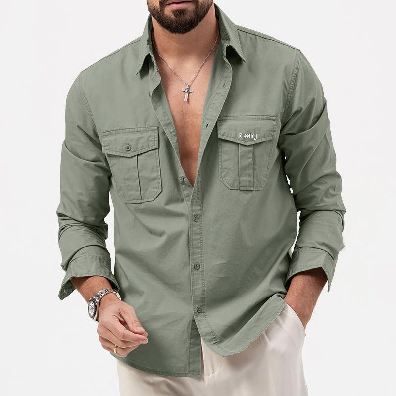 Kuajing Men's 2025 Autumn Workwear Lapel Jacket: Long Sleeve, Loose Fit, Casual Style.