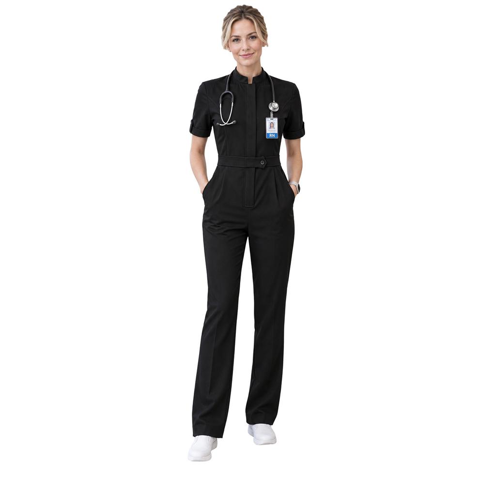 Women Color Block Scrub Romper Short Sleeve Front Zipper Straight Leg Jumpsuit Medical Workwear for Doctor Nurse Salon