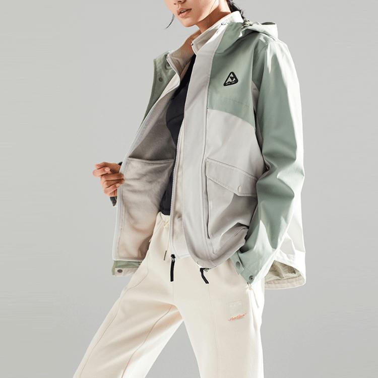 Anta Sports Series Color Block Fleece Lined Hooded Jacket Women Jacket Green Gray 162046602-1