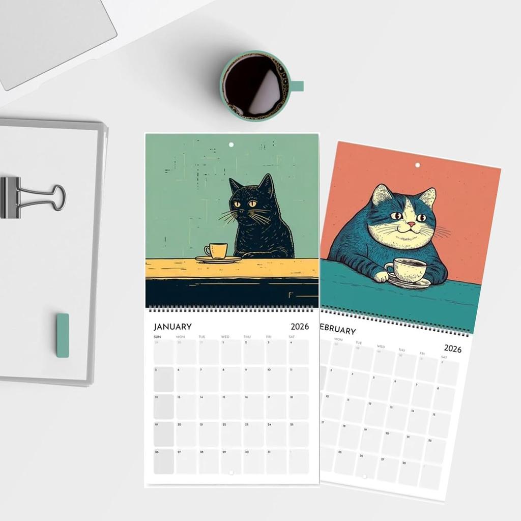 Cats Chillin' with Coffee 2026, 12 Monthly Cat Themed Calendar with Full-Color Illustrations, 2026 Cat Art Hanging Calendar, Spiral-Bound Hanging