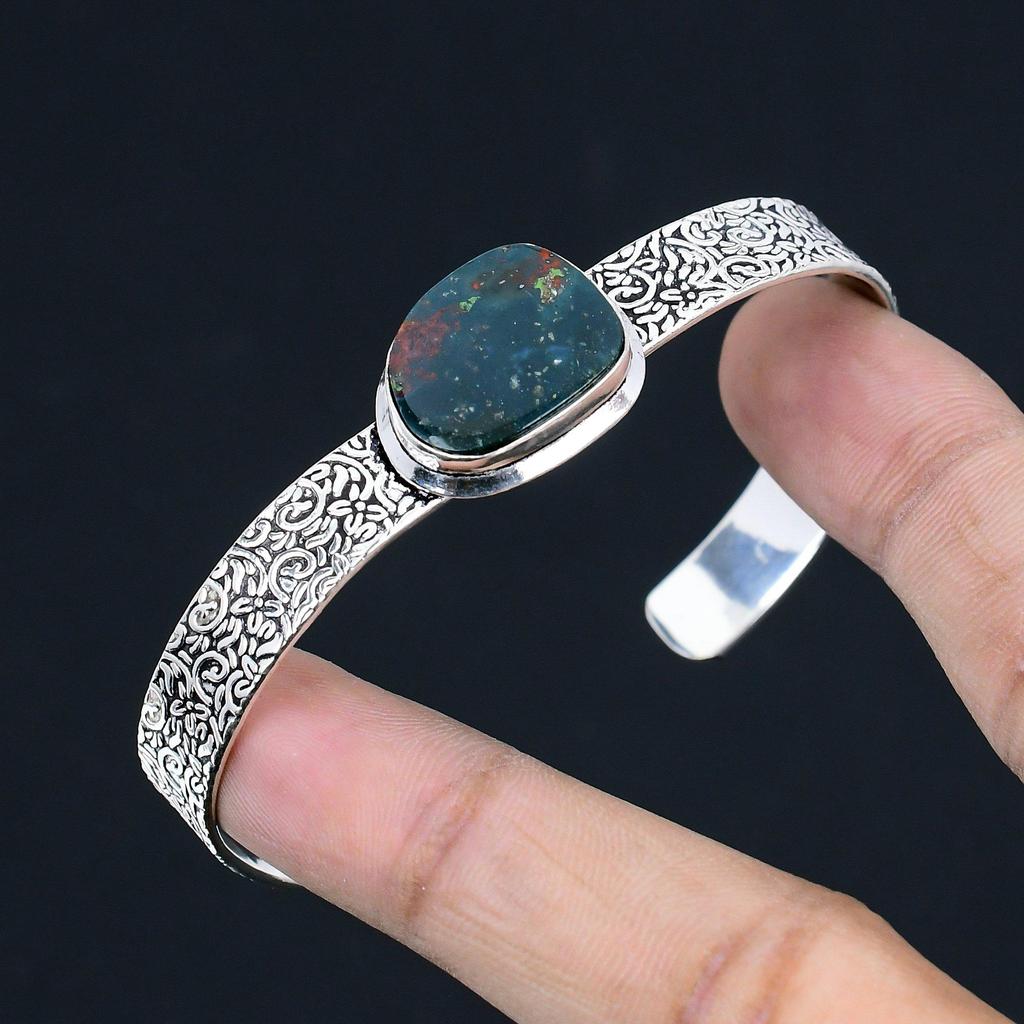 Natural Bloodstone Gemstone Bangle Adjustable 925 Sterling Silver Indian Jewelry