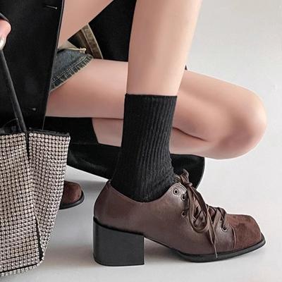 Women's Coarse Heel Leather Shoe Square Head Suede Before Lacing Low-top Shoe Square Head Splicing Women's Shoes Tacones