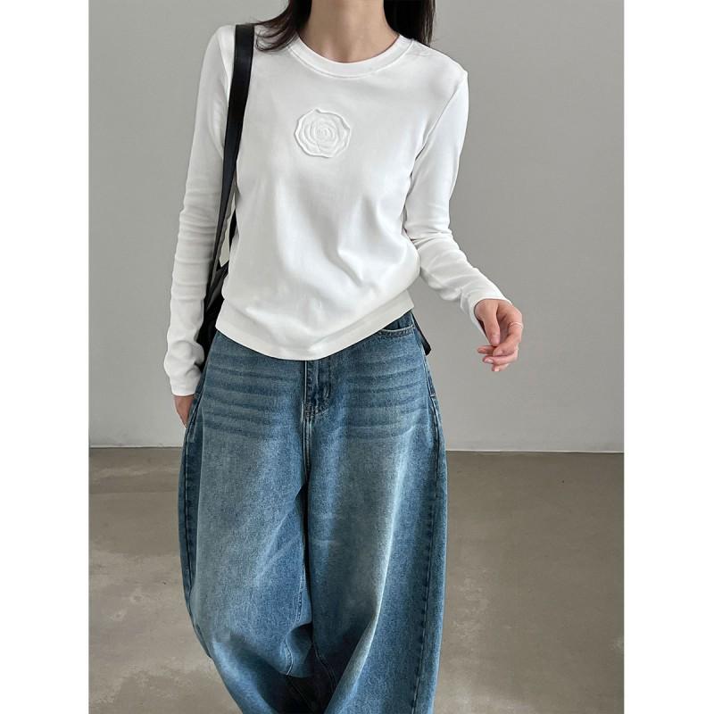 Womens Classic Round Neck Regular Fit Long Sleeve Tee With Floral Appliqu - Cotton 97% Spandex 3% Casual Korean Style