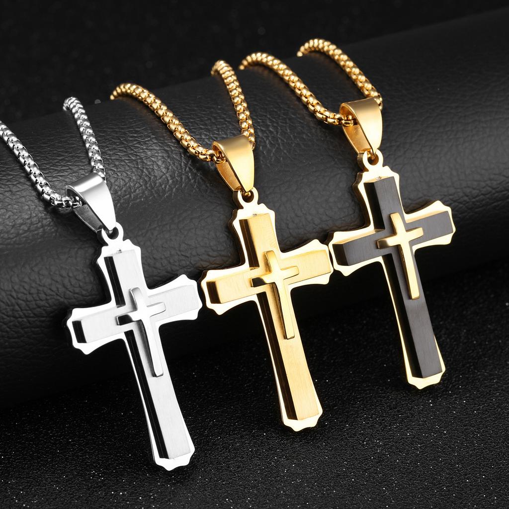 3D Cross Pendant Necklace Titanium Steel Fade Resistant Mens Jewelry Accessory