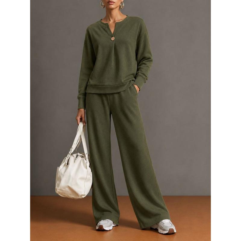 Women's 2 Piece Outfit Notch V Neck Henley Top and Wide Leg Pants Set Casual Solid Color Loungewear