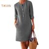 Hi Cutie Women Clothing Loose Solid Color Buttons Cotton Linen Long Sleeve Midi Dress