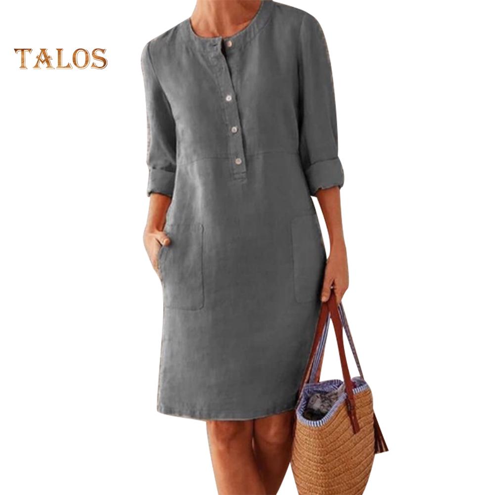 Hi Cutie Women Clothing Loose Solid Color Buttons Cotton Linen Long Sleeve Midi Dress