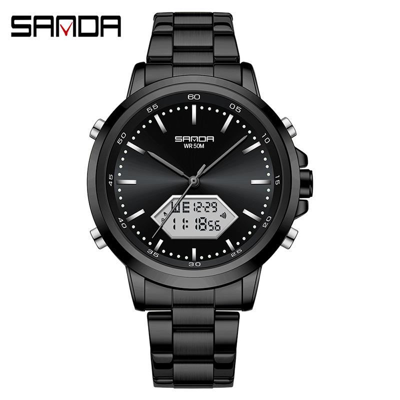Sanda Men's Multifunction Luminous Waterproof Chronograph Steel Band Dual Display Watch