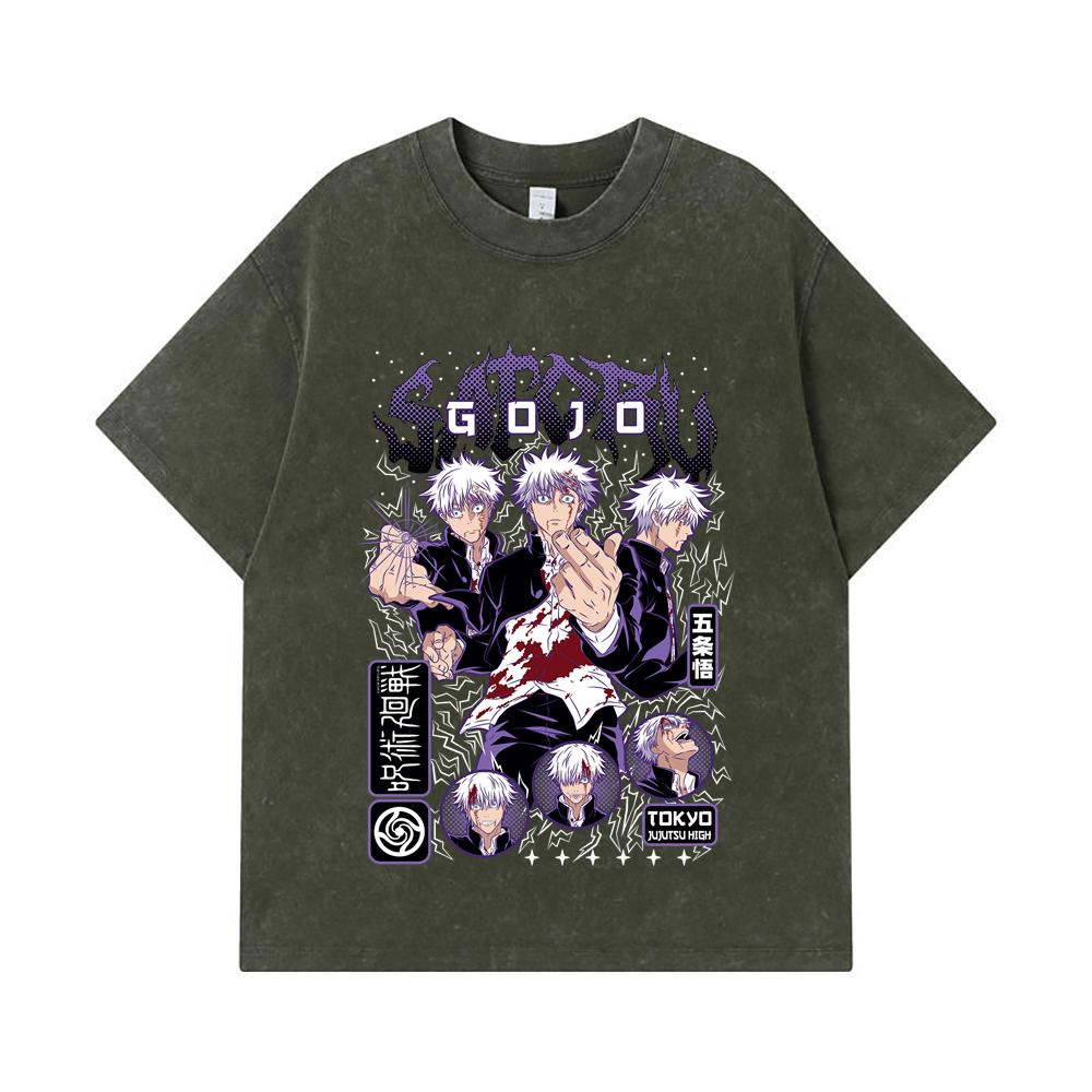 

275 GSM Washed T-shirts 100% Cotton Jujutsu Kaisen V24 Gojo Print Unisex Heavy Cotton T Shirt S армия зеленый