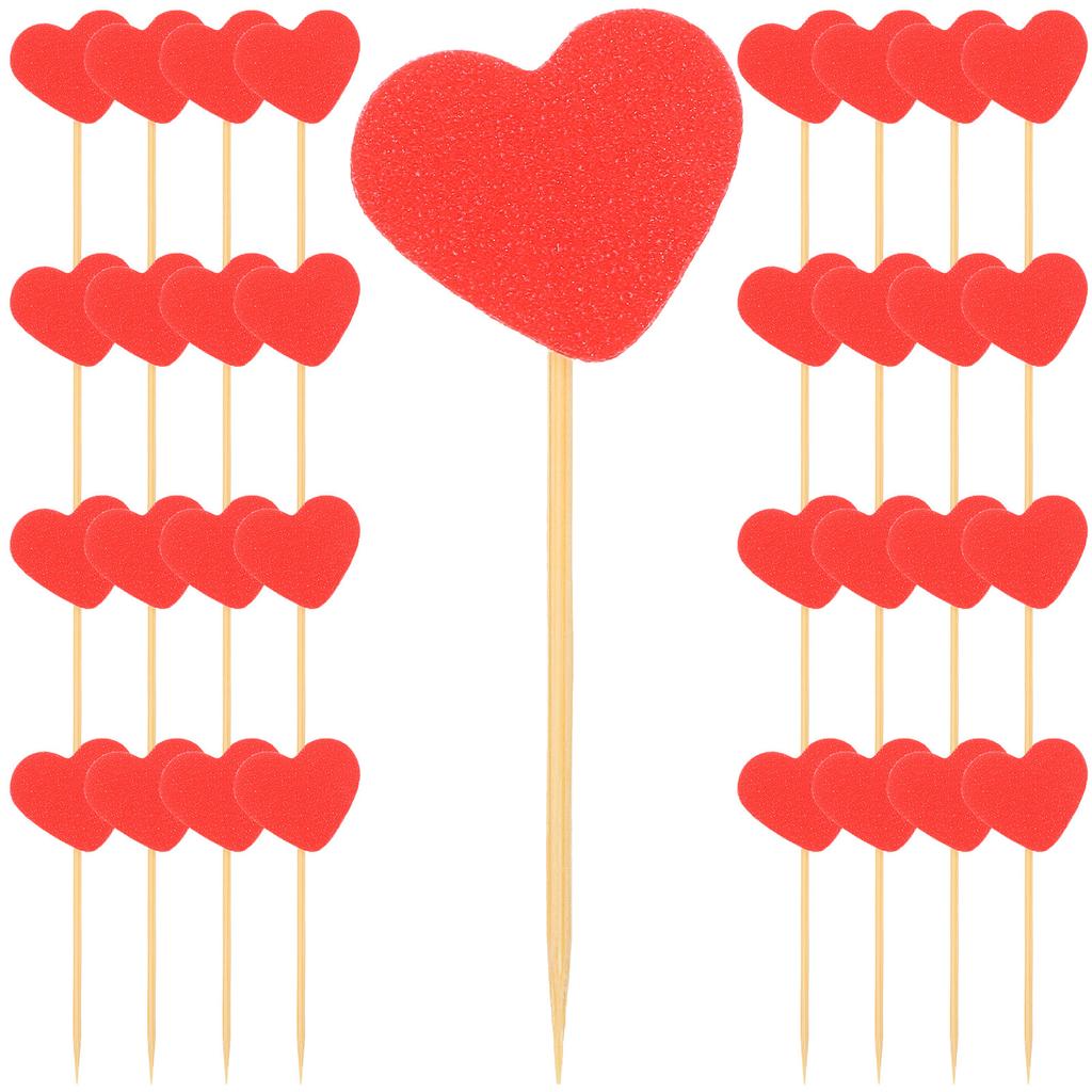50Pcs Stylish Heart Design Cake Decorations Valentine's Day Cupcake Toppers Wooden Glitter Heart Dessert Picks Festive Party
