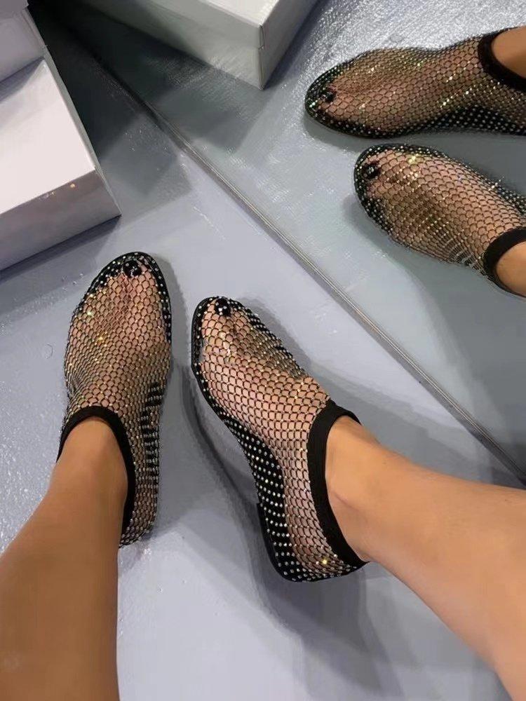 Spring new round head sandals with diamonds short boots summer sexy large size flat bottom hollow sandals women