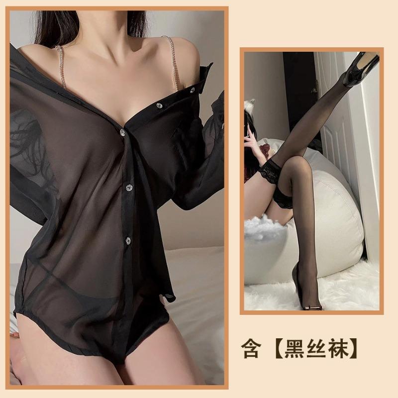 Pajamas women's summer perspective sexy private room pure desire long-sleeved boyfriend wind shirt scheming hot temptation