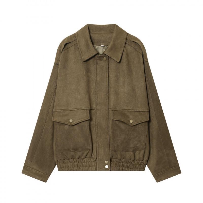 

European & American Women s Suede Velvet Pocket Jacket L темно-коричневого кольору