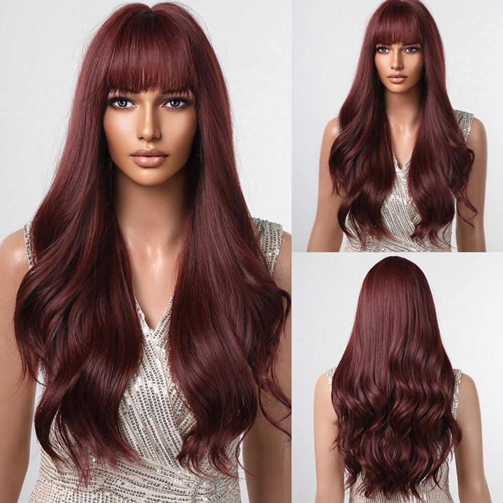 ALAN EATON Brown Highlight Layered Boby Wavy Wig Long Natural Mixed Synthetic Wig Women Daily Hair with Bangs Heat Resistant Wig