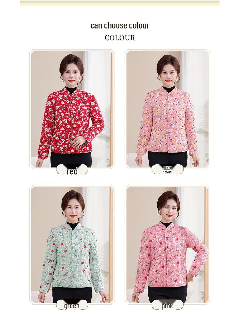 Floral Plus-Size Women's Cotton Jacket with Velvet Lining - Warm and Loose for Autumn/Winter