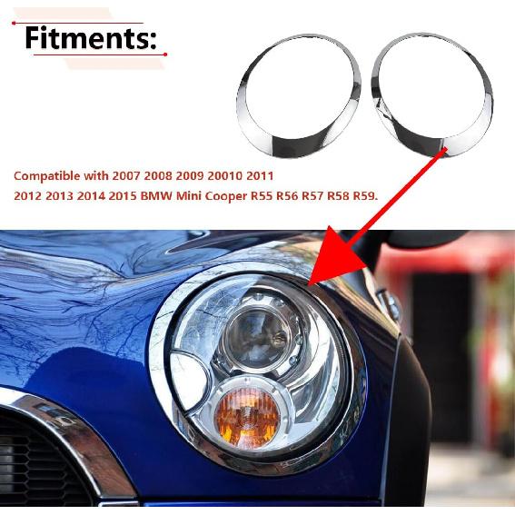 RLB-HILON Headlight Trim Ring Compatible With MINI Cooper R55 R56 R57 R58 R59 2007 2008 2009 2010 2011 2012 2013 2014 2015 Year, 1Pair Chrome