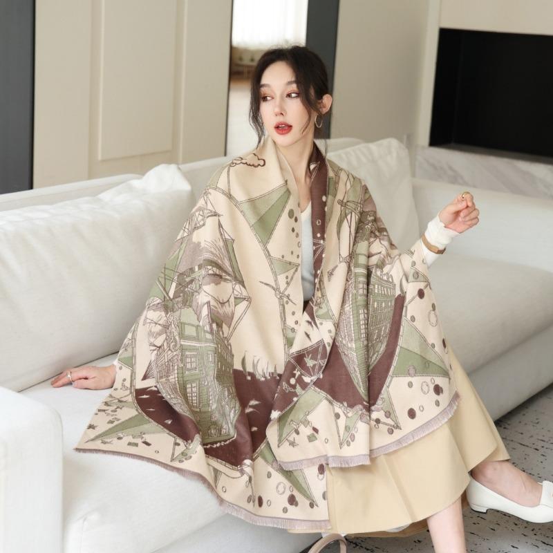 Gradual change flower imitation cashmere scarf women's high sense double-sided jacquard shawl retro scarf