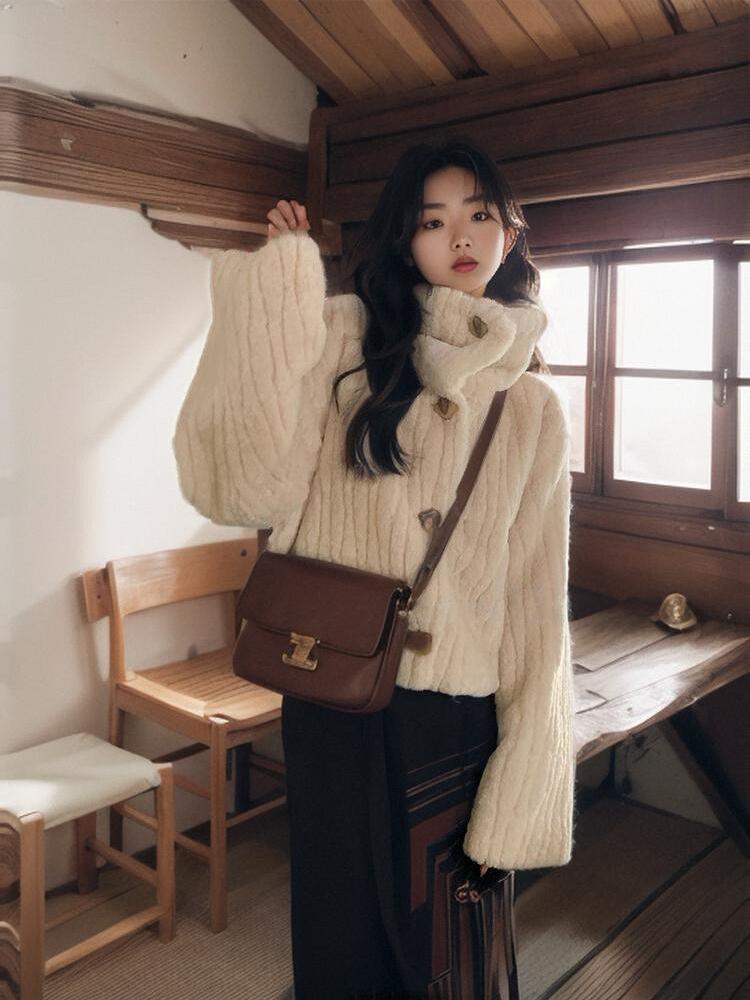 Vintage Cropped Stand Neck Loose Casual Jacket Japanese Streetwear Fashion Fluffy Coats Y2k Aesthetic Grunge Women Chaqueta Coat