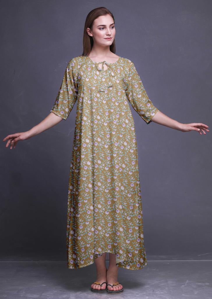 Bimba Dark Rose Brown Floral Leaves & Camellia Kanjiro Printed Nightgowns Maxi Sleepwear For Women Long Sleep Dress