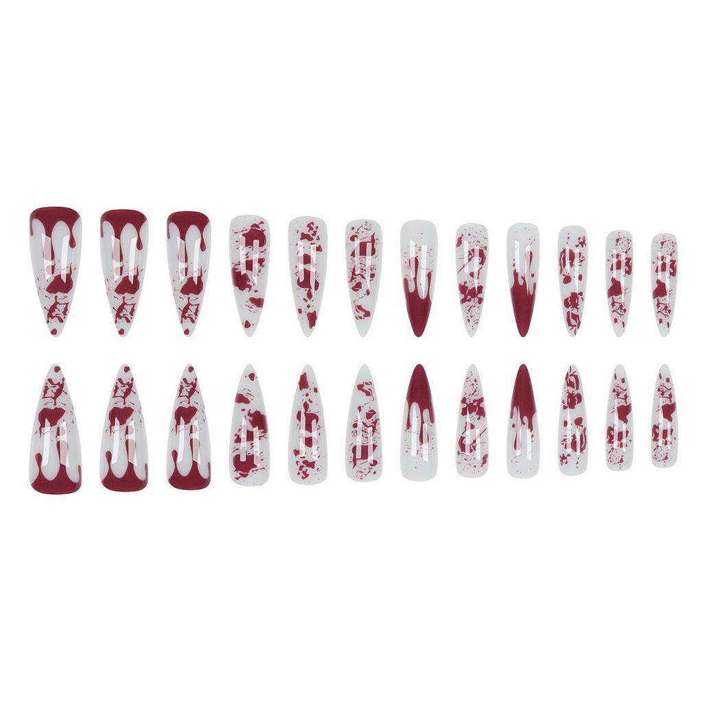 Blood Drop Halloween Long Stiletto False Nails - French Manicure Style
