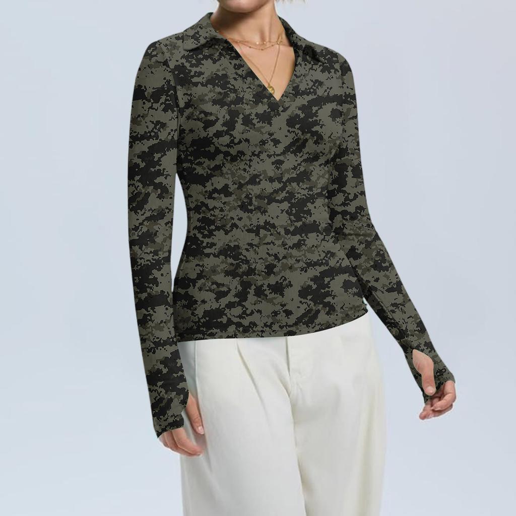 Women's Fashion Casual Print V-Neck Long Sleeve Button-Down Top