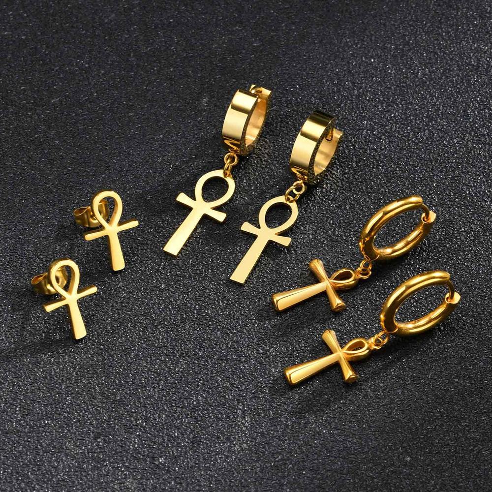 Orecchini a Cerchio Huggies con Croce Ankh per Uomo Donna, Orecchino Piercing Impermeabile in Acciaio Inossidabile, Gioiello Regalo con Croce Egizia