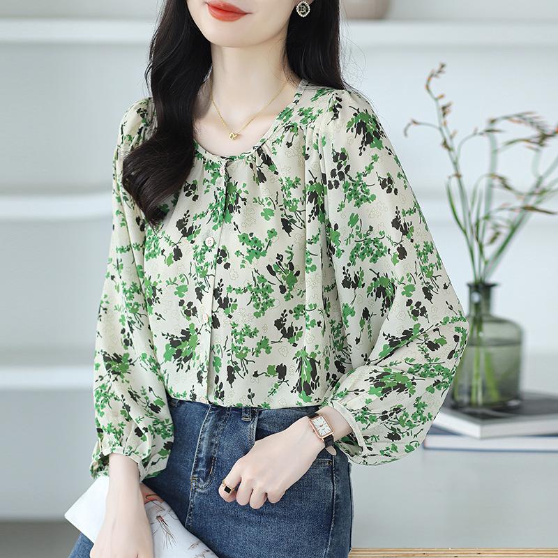 Round Necked Women's Long Sleeved Autumn Printed Shirt with Mulberry Print Top
