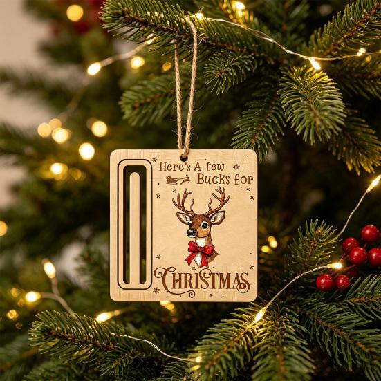 Elk Pattern Xmas Tree Pendants Rustic Santa Reindeer Money Holder Ornament, Wooden Cash Gift Card Winter Holiday Home Decorations Clip with