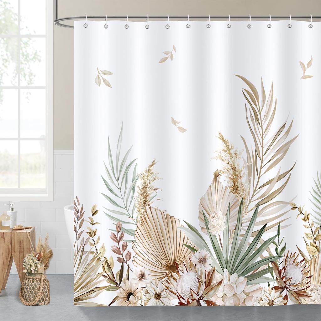 Bohemian Leaf Shower Curtain Watercolor Tan Leaf Floral Bathroom Curtain Polyester Waterproof Shower Curtain With Hook