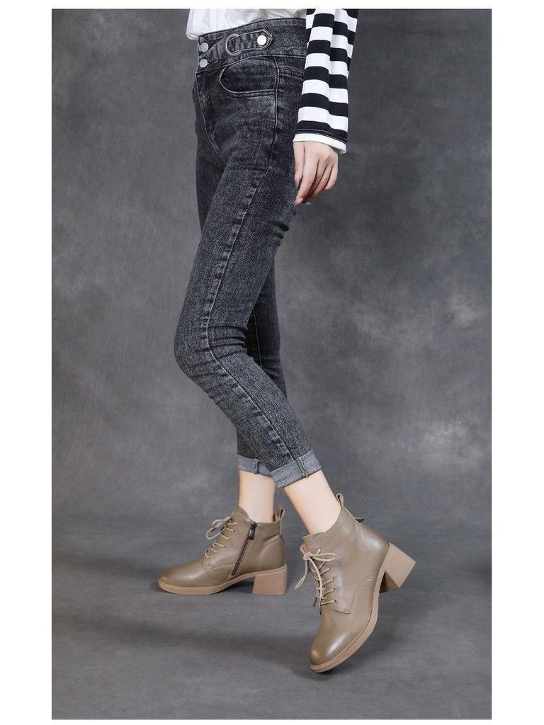 Kožené kotníkové boty na robustním podpatku v korejském stylu: Podzim/Zima Britské šněrovací retro martensky