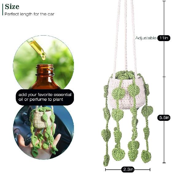 Cute Crochet Plant for Rear View Mirror, Boho Handmade Car Mirror Hanging Accessory for Women & Girls, Green Interior Aesthetic Decor Truck Hanger