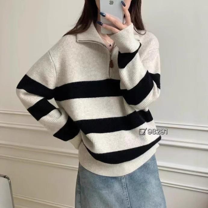 

Женский пуловер на осень и зиму, трикотажный свитер с контрастными полосками, топ с полуоткрытым воротом на молнии average size