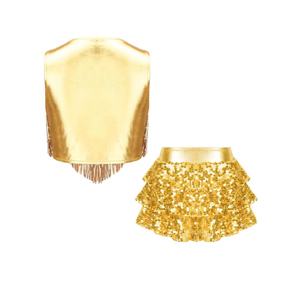 Girls 70s Disco Outfit Metallic Gloss Top Sequins Design Tassels Detail Ruffle Skirt Shorts Two Piece Set