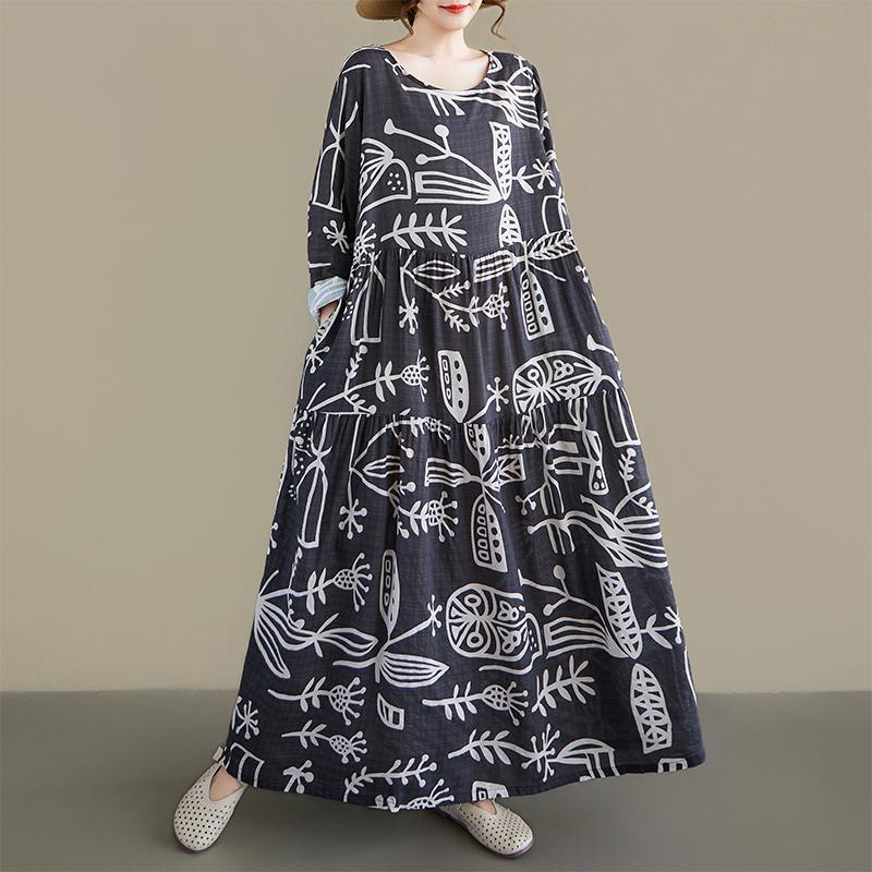 DIMANAF New 2026 Women Plus Size Spring Summer Beach Long Dress Print Black Maxi Long Sleeve Vintage Lady Loose Oversize
