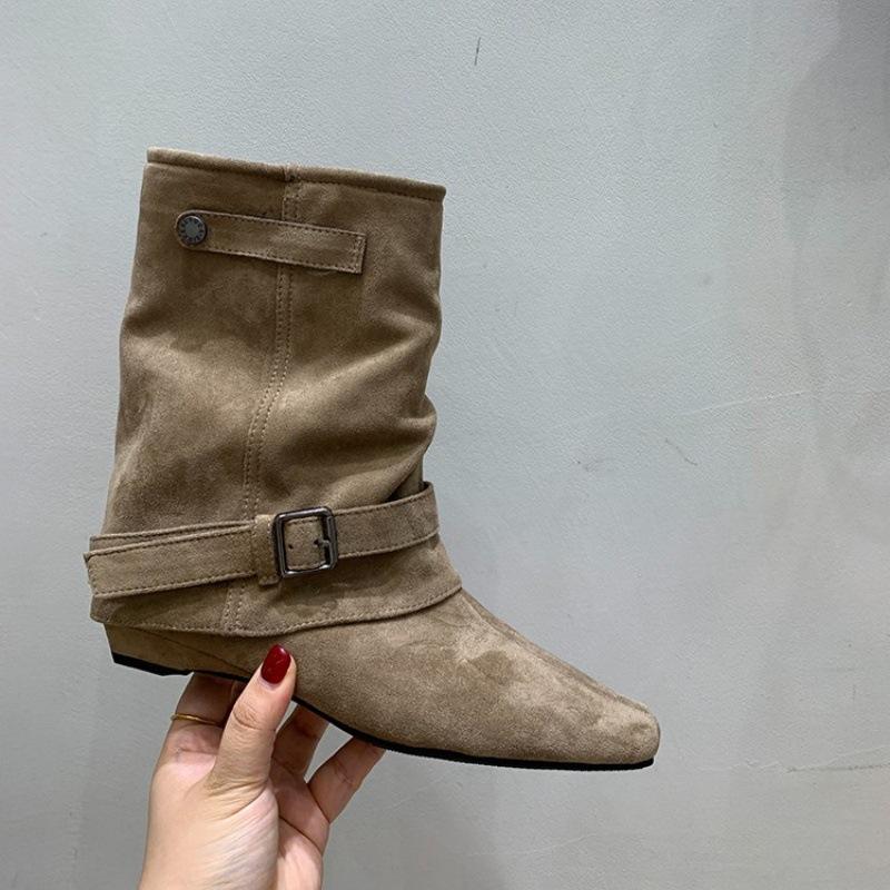 Vintage Suede Khaki Short Boots Women's Boots Boots Niche Design Western Pile Boots Knight Boots