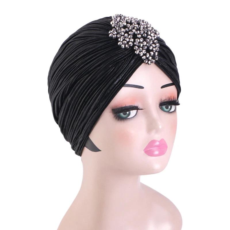 Indian Women Chemo Cap Muslim Diamonds Hijab Pleated Turban Wrap Headscarf Beanies Hair Loss Bonnet Hat Femme Turbante Mujer New