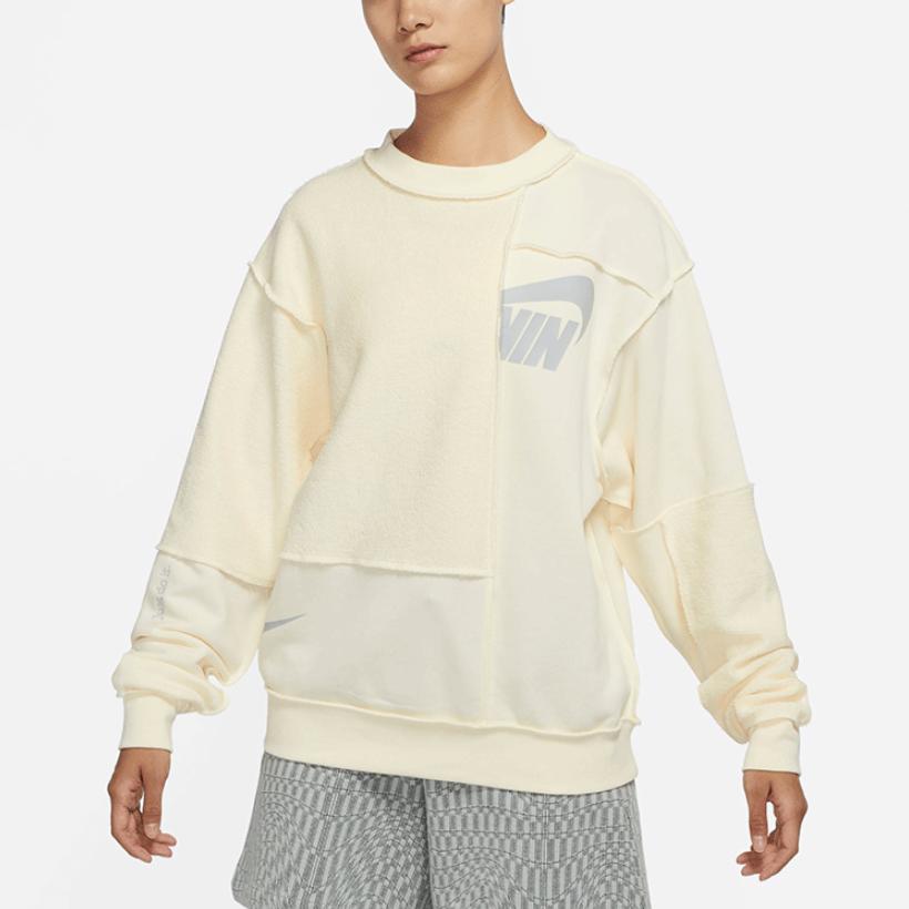 Nike Roupa Esportiva Logo Patchwork Tricô Pulôver Gola Careca Moletom Feminino Bege DO6960-715