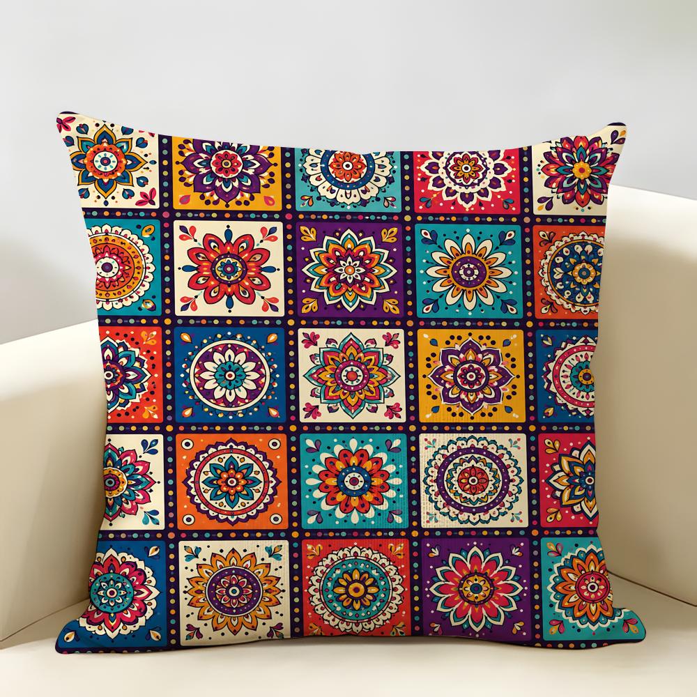 Vintage Bohemian Floral Grid Cushion Cover Natural Linen Organic Fabric DoubleSided Printing Room Sofa Decor Pillow Case