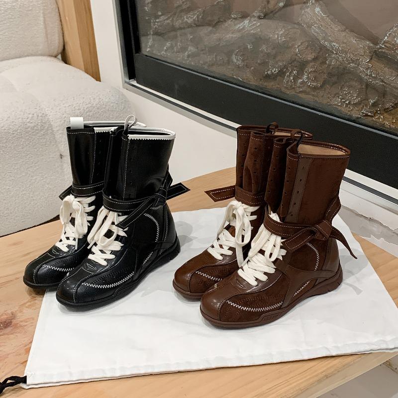 Boxing Boots 6 Inner Height Increase Retro Martin Boots Women's Autumn New Western Boots Color Matching Lace-up Boxing Shoes