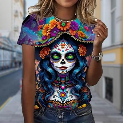Fashion Women Etiquette Flower Colorful Skeleton Print T Shirt Funny Casual O-neck Short Sleeves T-shirt Summer Female Tee Shirt