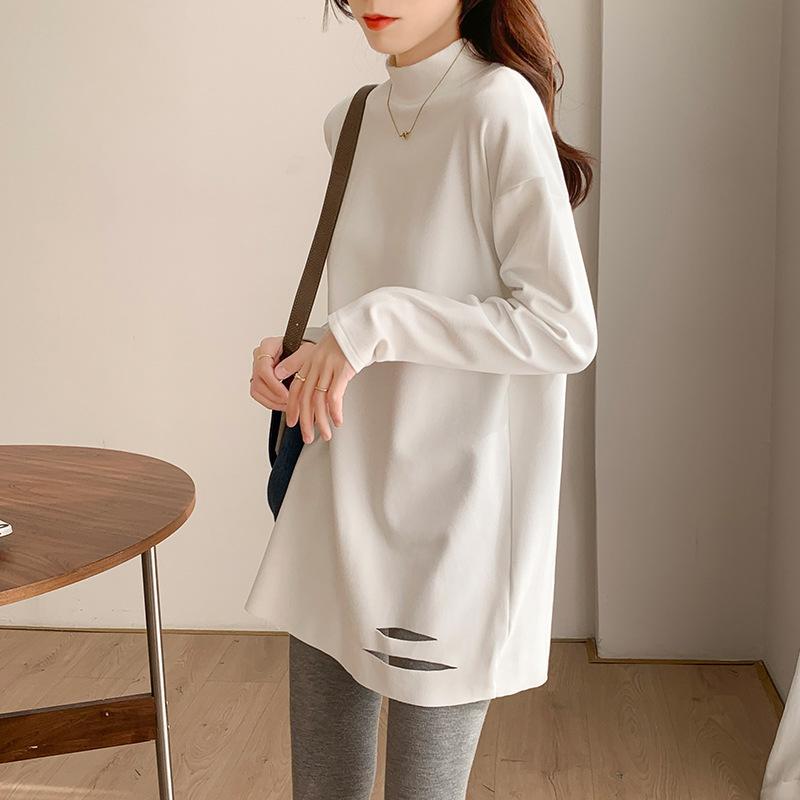 German velvet half turtleneck bottoming shirt for women, autumn and winter brushed thickened white t-shirt long sleeves, stylish mid-length