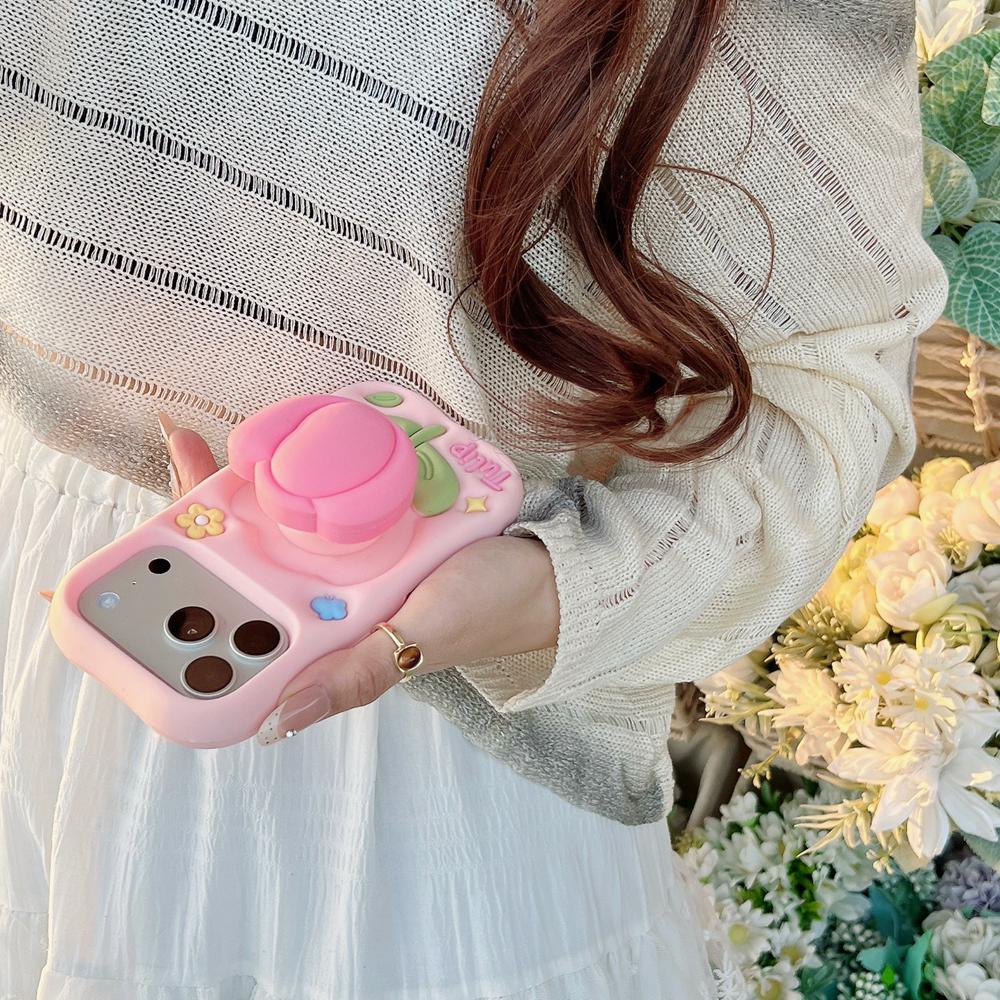 KEYSION Cute Cartoon 3D Tulip Flower Phone Case for iPhone 13 14 15 16 17 Pro Max Soft Silicone KickStand Shockproof Back Cover
