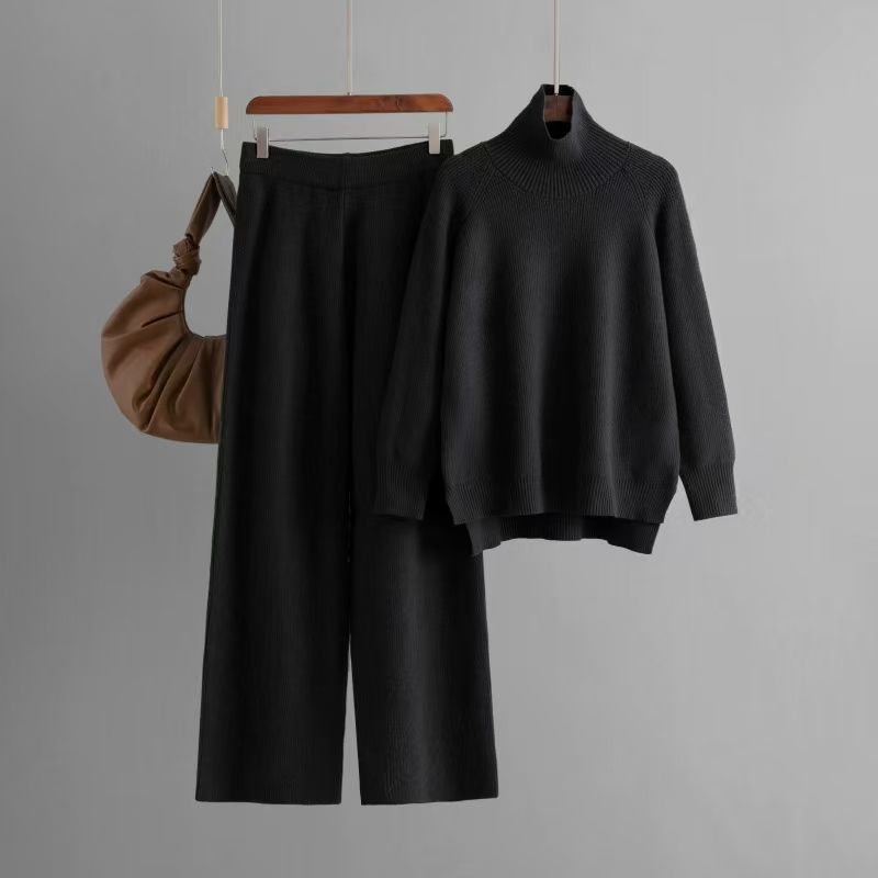 Fashion Pure Color Knitting Turtleneck Sweater Loose Pants Suit Knited Sweater and Pants Set