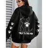 Talk To The Paw Funny Dog Cartoon Print Hoodie Women Warm Fleece Hoody Fashion Casual Hooded Autumn Loose Round Neck Woman Tops