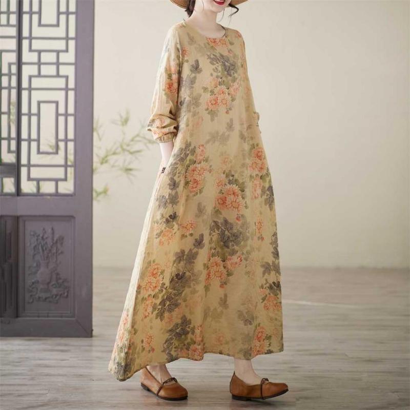 Printed Round Neck Loose Plus Size Long Sleeve Plus Size Vacation Dresses