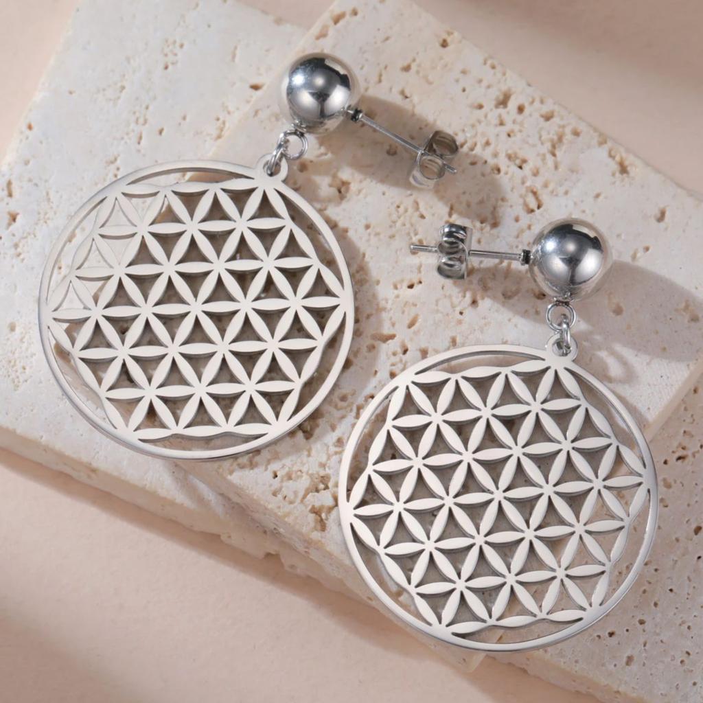 LIKGREAT Flower of Life Stud Earrings for Women Stainless Steel Round Earring Mandala Sacred Geometry Seed of Life Jewelry Gift