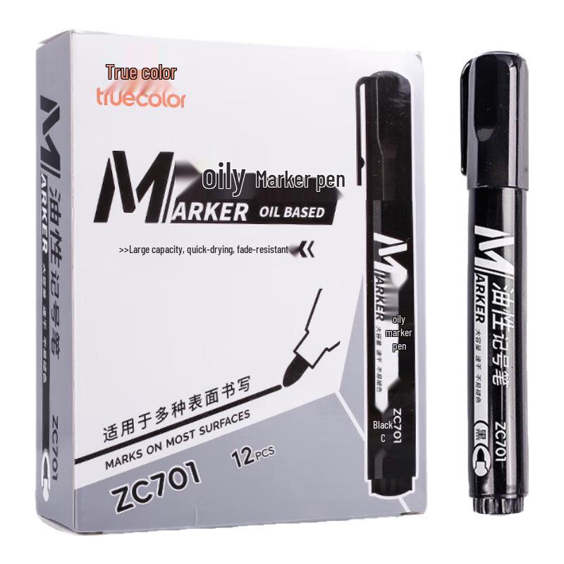 True Color Black Oil-Based Waterproof Marker Pen - Broad Tip, Fade-Resistant, Ideal for Construction and Logistics Marking