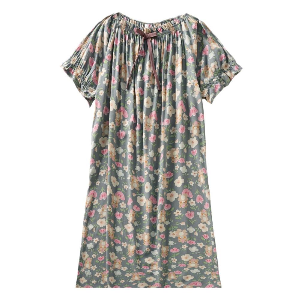 Spring and summer nightgown full cotton cotton and silk short-sleeved skirt generous small elastic round neck flower long skirt a variety of ways to